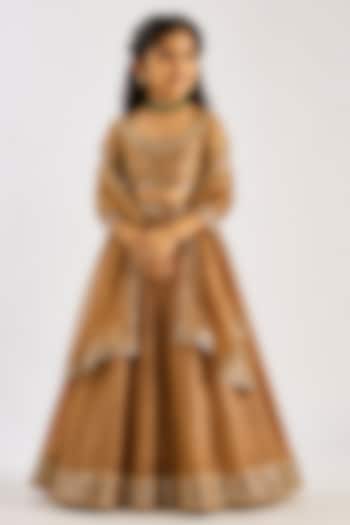 Gold Crushed Silk Tissue Hand Embroidered Lehenga Set For Girls by Essay by Sumedha Agarwal Kids at Pernia's Pop Up Shop