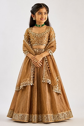 Gold Crushed Silk Tissue Hand Embroidered Lehenga Set For Girls by Essay by Sumedha Agarwal Kids