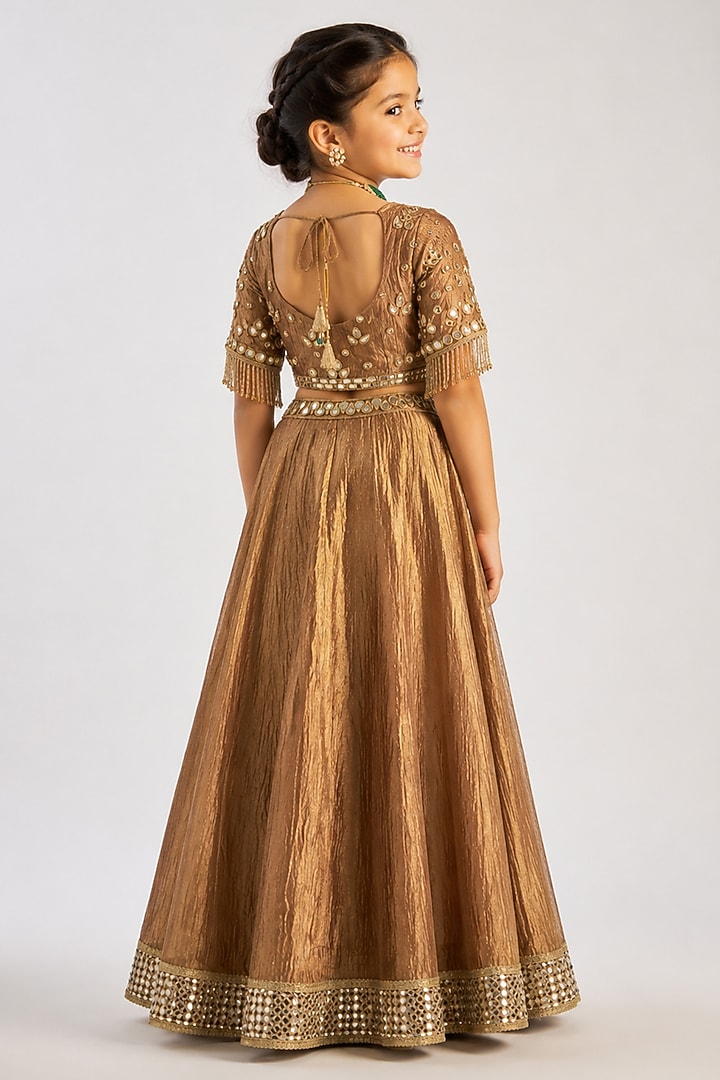 Gold Crushed Silk Tissue Hand Embroidered Lehenga Set For Girls by Essay by Sumedha Agarwal Kids at Pernia's Pop Up Shop