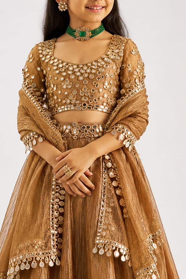 Gold Crushed Silk Tissue Hand Embroidered Lehenga Set For Girls by Essay by Sumedha Agarwal Kids at Pernia's Pop Up Shop