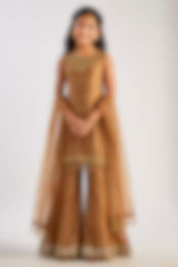 Golden Brown Crushed Silk Tissue Sequin Embroidered Sharara Set For Girls by Essay by Sumedha Agarwal Kids at Pernia's Pop Up Shop