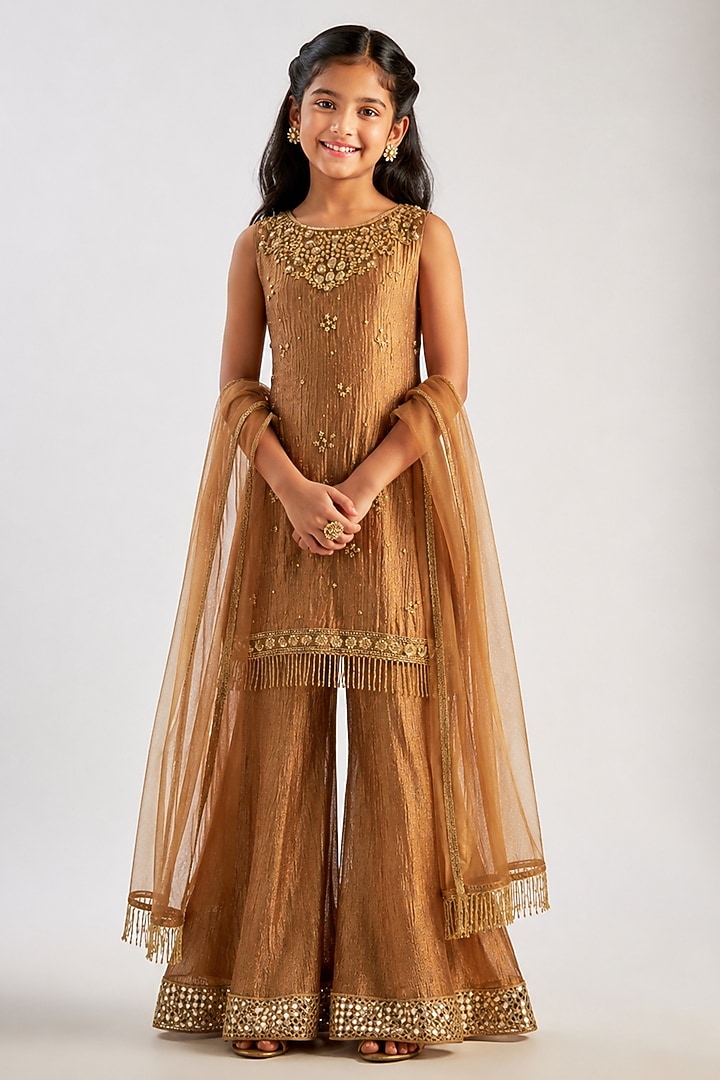 Golden Brown Crushed Silk Tissue Sequin Embroidered Sharara Set For Girls by Essay by Sumedha Agarwal Kids at Pernia's Pop Up Shop