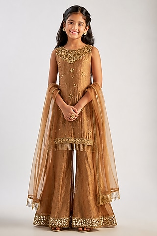 Golden Brown Crushed Silk Tissue Sequin Embroidered Sharara Set For Girls by Essay by Sumedha Agarwal Kids