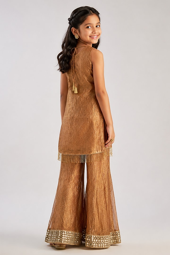 Golden Brown Crushed Silk Tissue Sequin Embroidered Sharara Set For Girls by Essay by Sumedha Agarwal Kids at Pernia's Pop Up Shop