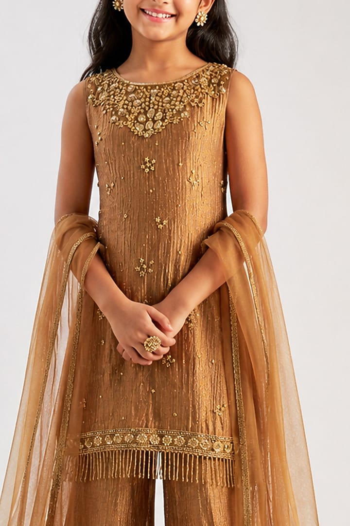 Golden Brown Crushed Silk Tissue Sequin Embroidered Sharara Set For Girls by Essay by Sumedha Agarwal Kids at Pernia's Pop Up Shop