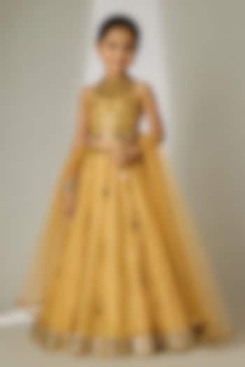 Gold Crushed Silk Tissue Hand Embroidered Lehenga Set For Girls by Essay by Sumedha Agarwal Kids at Pernia's Pop Up Shop