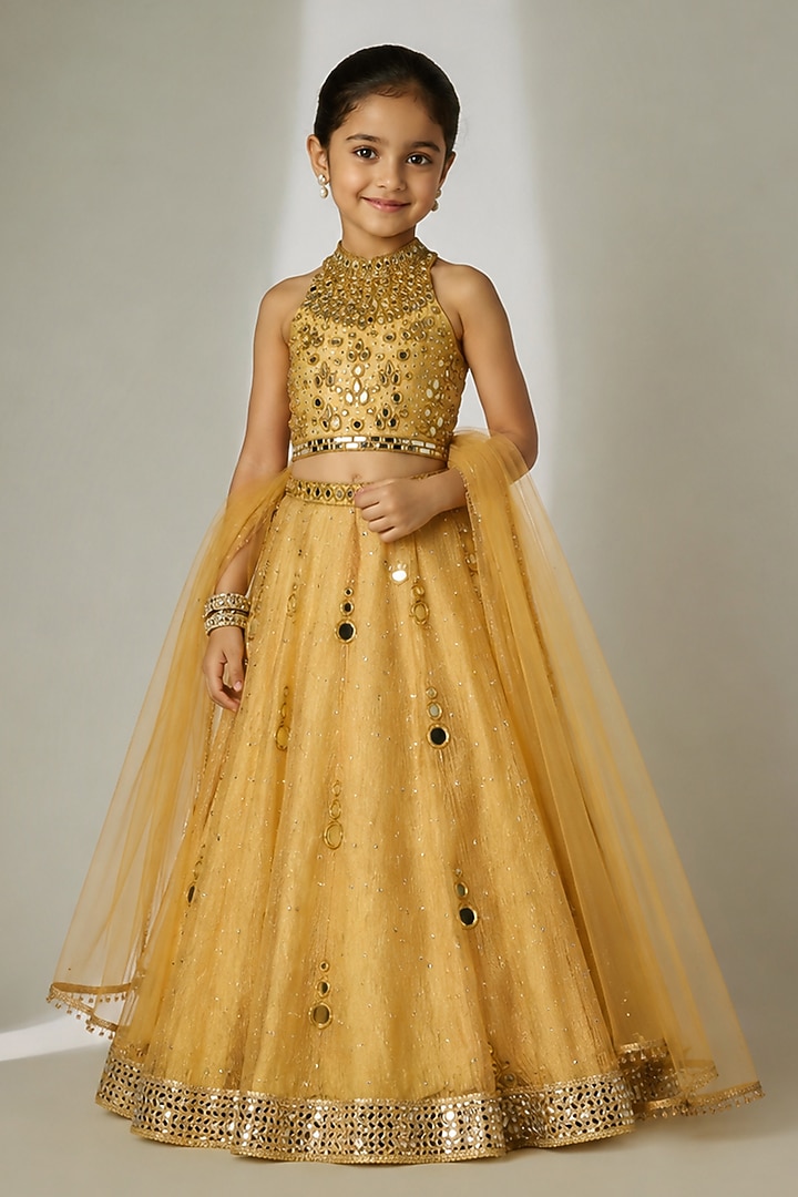 Gold Crushed Silk Tissue Hand Embroidered Lehenga Set For Girls by Essay by Sumedha Agarwal Kids at Pernia's Pop Up Shop