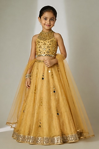 Gold Crushed Silk Tissue Hand Embroidered Lehenga Set For Girls by Essay by Sumedha Agarwal Kids