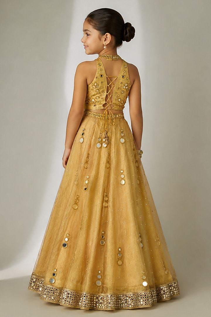 Gold Crushed Silk Tissue Hand Embroidered Lehenga Set For Girls by Essay by Sumedha Agarwal Kids at Pernia's Pop Up Shop