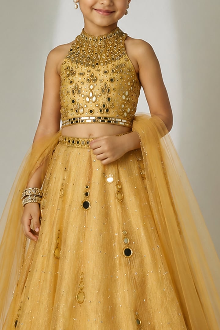 Gold Crushed Silk Tissue Hand Embroidered Lehenga Set For Girls by Essay by Sumedha Agarwal Kids at Pernia's Pop Up Shop