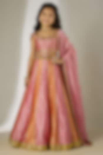 Pink & Orange Crushed Silk Tissue Sequin Embroidered Lehenga Set For Girls by Essay by Sumedha Agarwal Kids at Pernia's Pop Up Shop