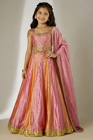 Pink & Orange Crushed Silk Tissue Sequin Embroidered Lehenga Set For Girls by Essay by Sumedha Agarwal Kids