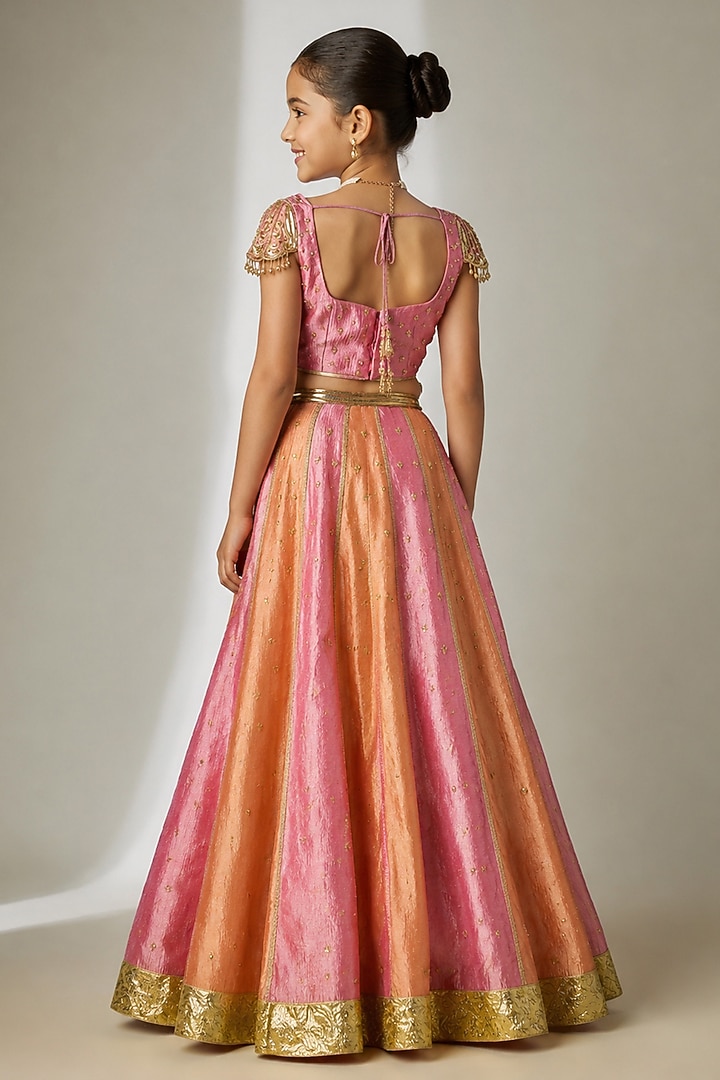 Pink & Orange Crushed Silk Tissue Sequin Embroidered Lehenga Set For Girls by Essay by Sumedha Agarwal Kids at Pernia's Pop Up Shop