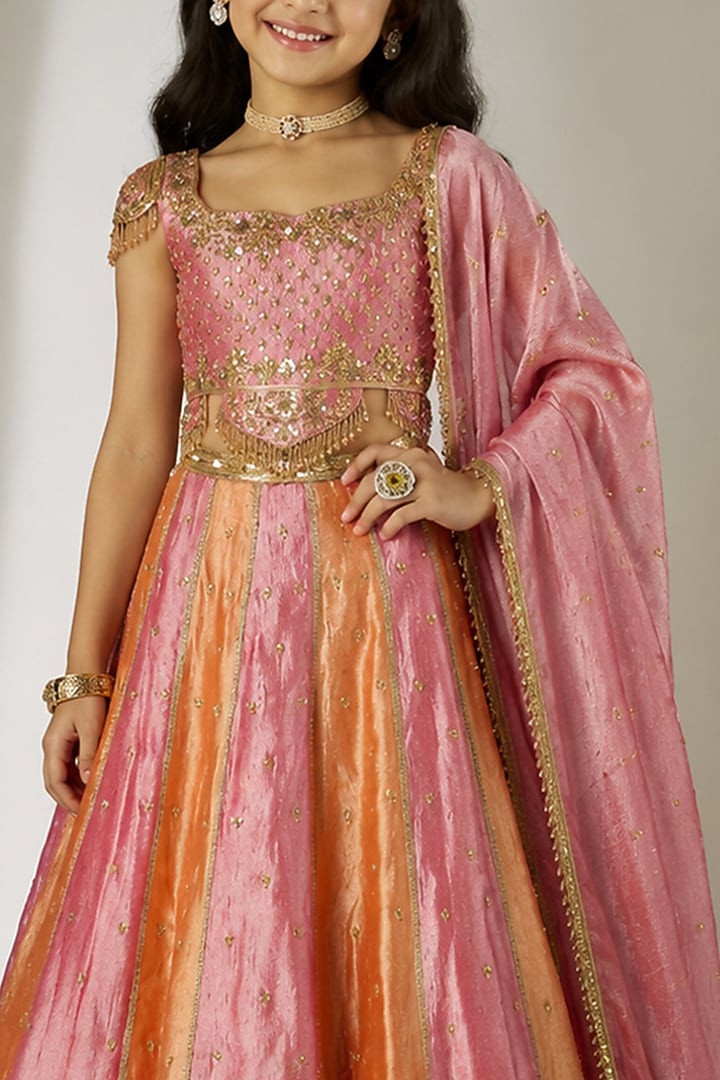 Pink & Orange Crushed Silk Tissue Sequin Embroidered Lehenga Set For Girls by Essay by Sumedha Agarwal Kids at Pernia's Pop Up Shop
