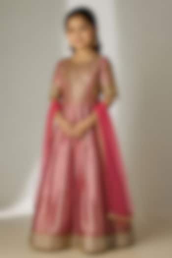 Dark Pink Crushed Silk Tissue Sequin Embroidered Anarkali Set For Girls by Essay by Sumedha Agarwal Kids at Pernia's Pop Up Shop