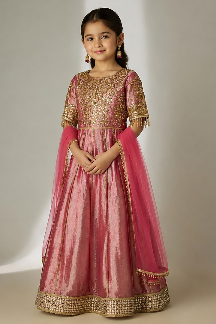 Dark Pink Crushed Silk Tissue Sequin Embroidered Anarkali Set For Girls by Essay by Sumedha Agarwal Kids at Pernia's Pop Up Shop
