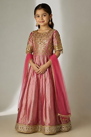 Dark Pink Crushed Silk Tissue Sequin Embroidered Anarkali Set For Girls by Essay by Sumedha Agarwal Kids