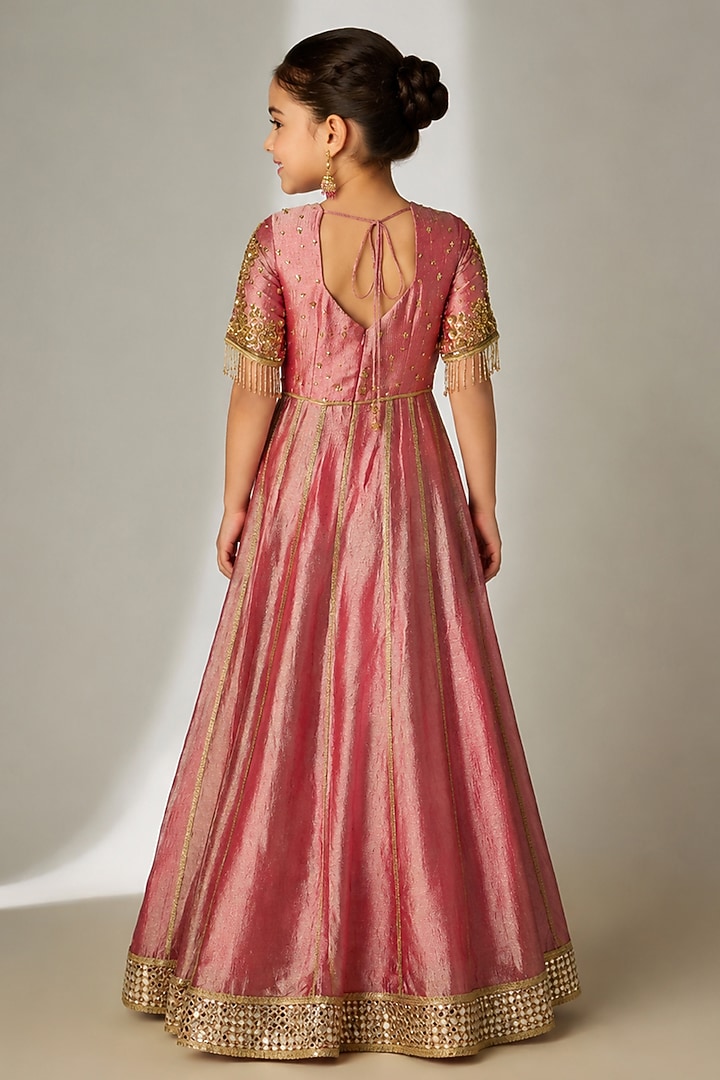 Dark Pink Crushed Silk Tissue Sequin Embroidered Anarkali Set For Girls by Essay by Sumedha Agarwal Kids at Pernia's Pop Up Shop