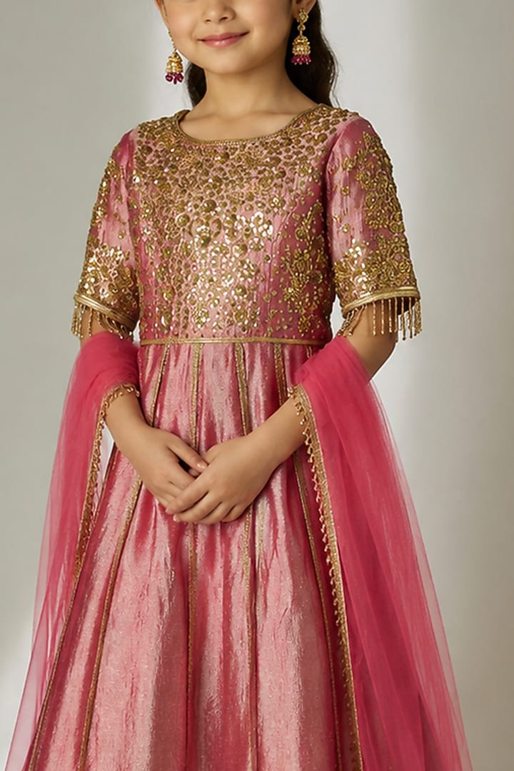 Dark Pink Crushed Silk Tissue Sequin Embroidered Anarkali Set For Girls by Essay by Sumedha Agarwal Kids at Pernia's Pop Up Shop