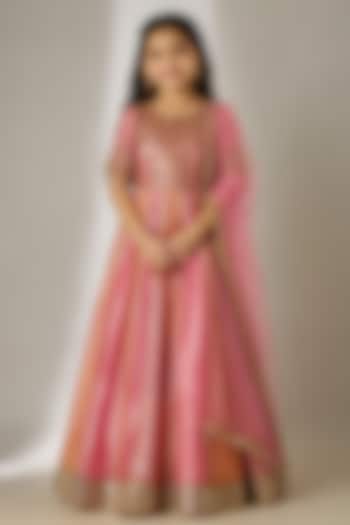 Pink & Orange Crushed Silk Tissue Sequin Embroidered Anarkali Set For Girls by Essay by Sumedha Agarwal Kids at Pernia's Pop Up Shop