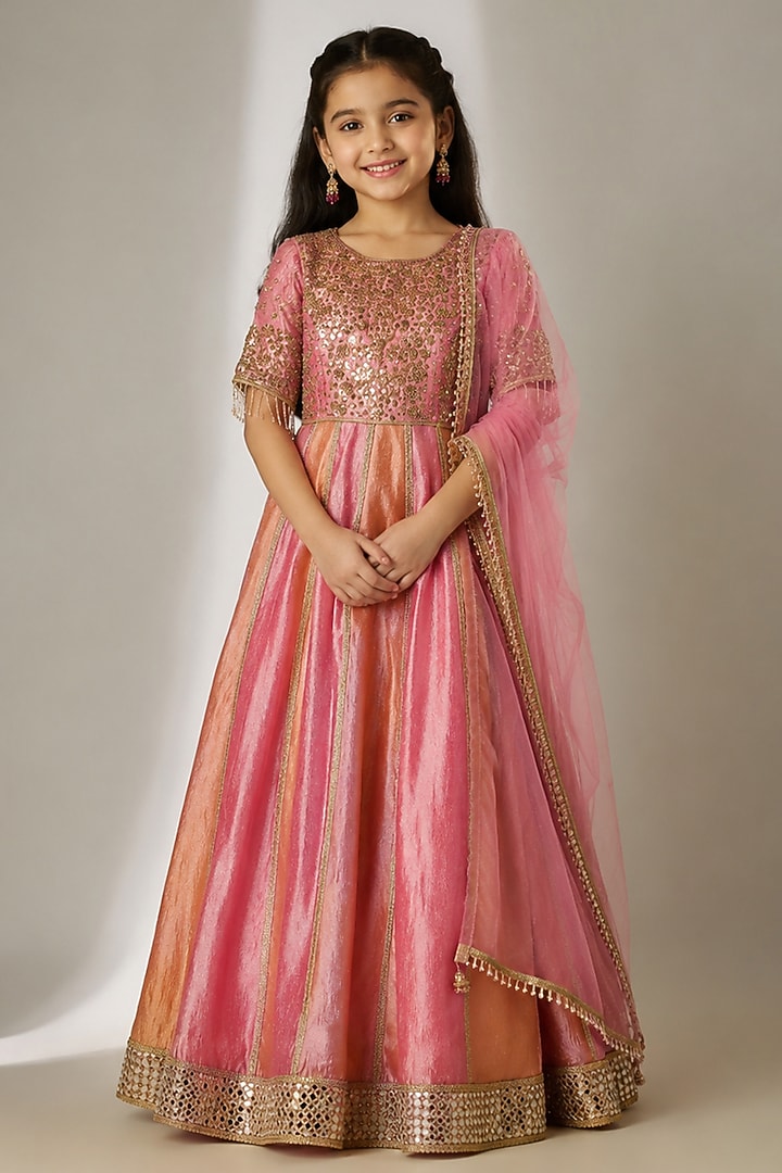 Pink & Orange Crushed Silk Tissue Sequin Embroidered Anarkali Set For Girls by Essay by Sumedha Agarwal Kids at Pernia's Pop Up Shop