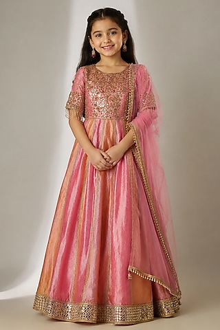 Pink & Orange Crushed Silk Tissue Sequin Embroidered Anarkali Set For Girls by Essay by Sumedha Agarwal Kids