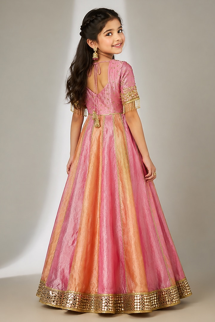 Pink & Orange Crushed Silk Tissue Sequin Embroidered Anarkali Set For Girls by Essay by Sumedha Agarwal Kids at Pernia's Pop Up Shop