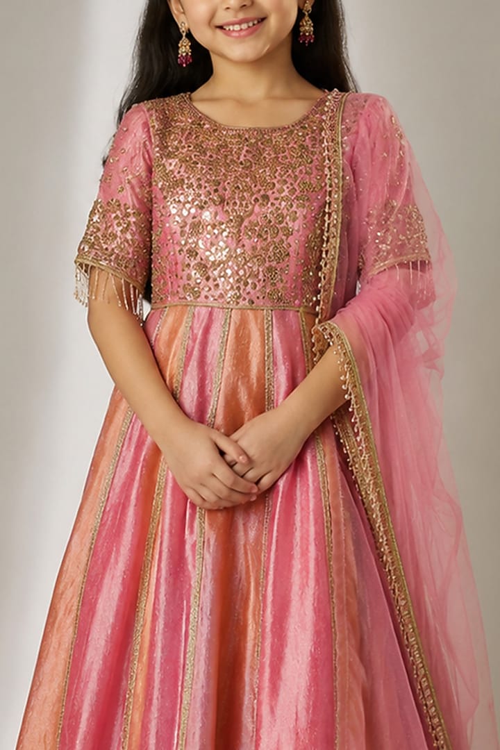Pink & Orange Crushed Silk Tissue Sequin Embroidered Anarkali Set For Girls by Essay by Sumedha Agarwal Kids at Pernia's Pop Up Shop