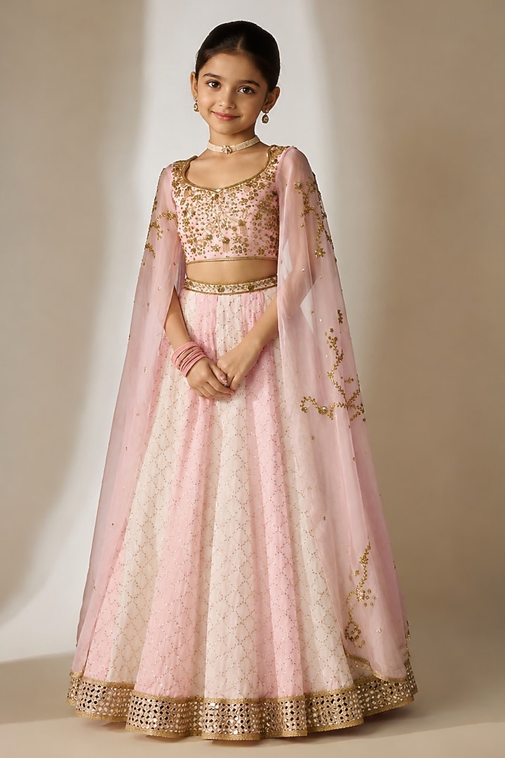 Pink Viscose Organza Sequin Embellished Lehenga Set For Girls by Essay by Sumedha Agarwal Kids at Pernia's Pop Up Shop