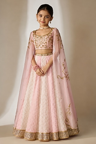 Pink Viscose Organza Sequin Embellished Lehenga Set For Girls by Essay by Sumedha Agarwal Kids