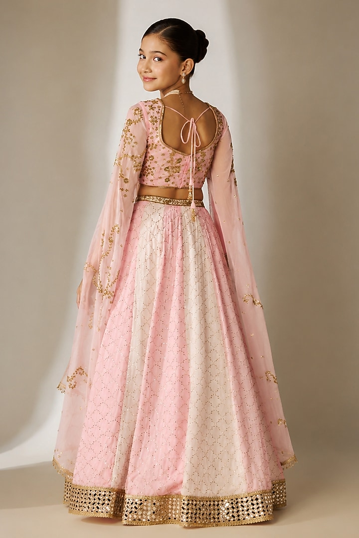 Pink Viscose Organza Sequin Embellished Lehenga Set For Girls by Essay by Sumedha Agarwal Kids at Pernia's Pop Up Shop