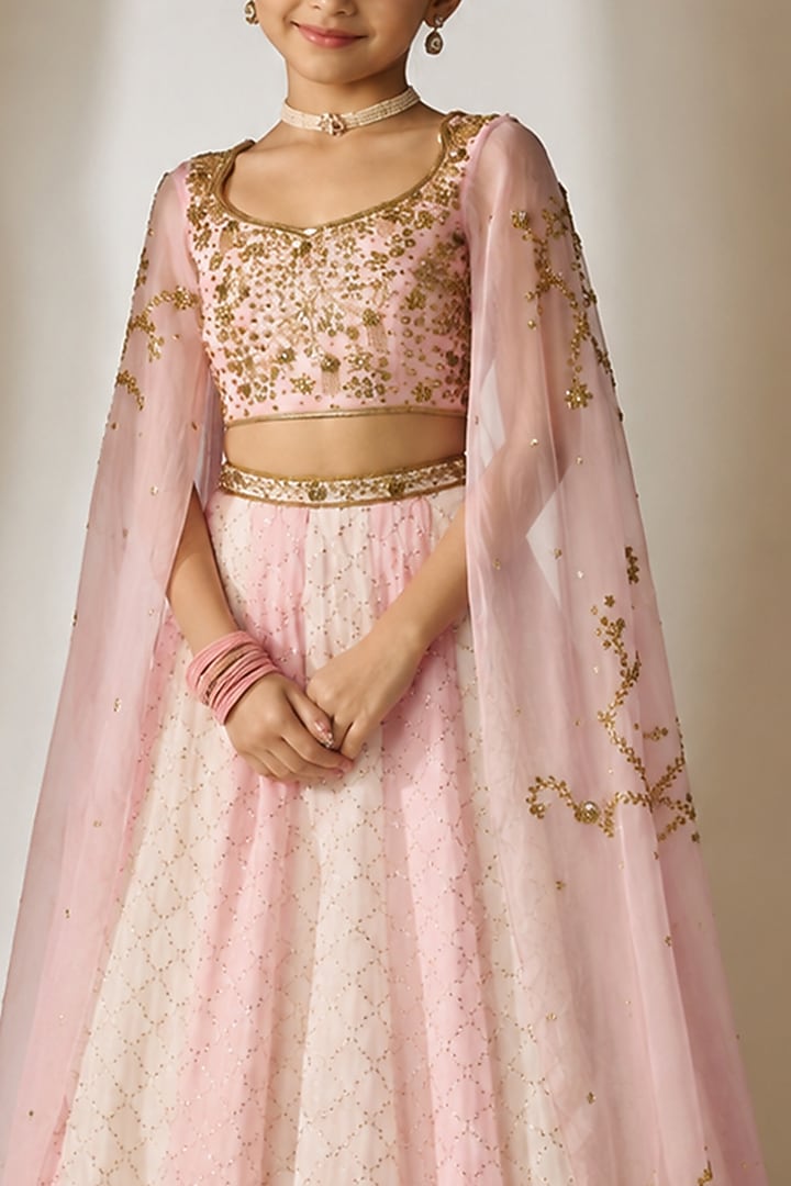 Pink Viscose Organza Sequin Embellished Lehenga Set For Girls by Essay by Sumedha Agarwal Kids at Pernia's Pop Up Shop