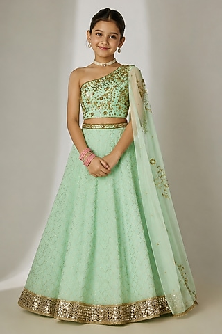 Mint Green Viscose Organza Sequin Embellished Lehenga Set For Girls by Essay by Sumedha Agarwal Kids