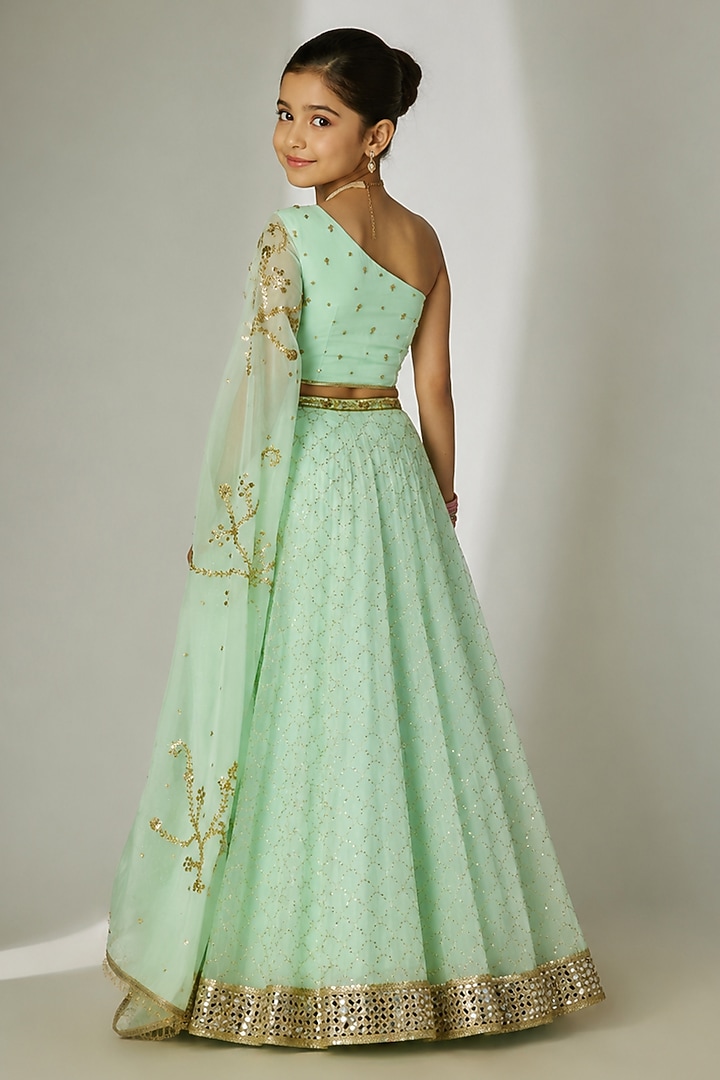 Mint Green Viscose Organza Sequin Embellished Lehenga Set For Girls by Essay by Sumedha Agarwal Kids at Pernia's Pop Up Shop