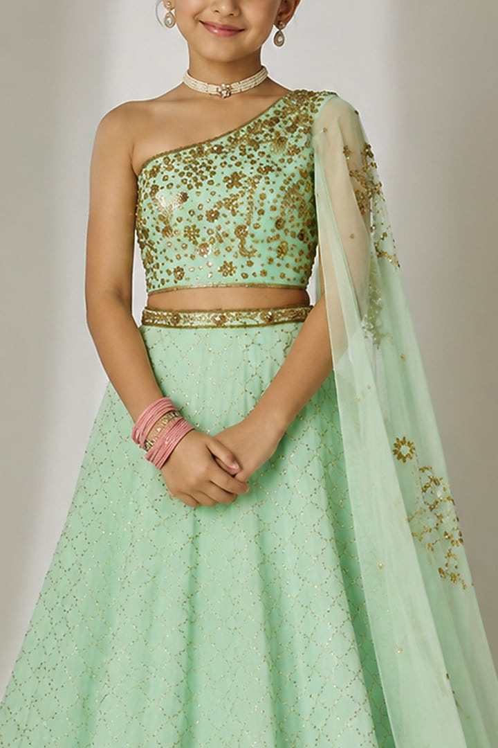 Mint Green Viscose Organza Sequin Embellished Lehenga Set For Girls by Essay by Sumedha Agarwal Kids at Pernia's Pop Up Shop