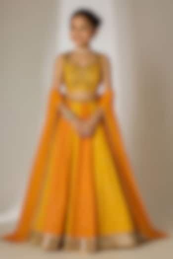 Yellow & Orange Viscose Organza Sequin Embellished Lehenga Set For Girls by Essay by Sumedha Agarwal Kids at Pernia's Pop Up Shop