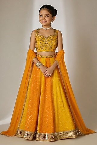 Yellow & Orange Viscose Organza Sequin Embellished Lehenga Set For Girls by Essay by Sumedha Agarwal Kids