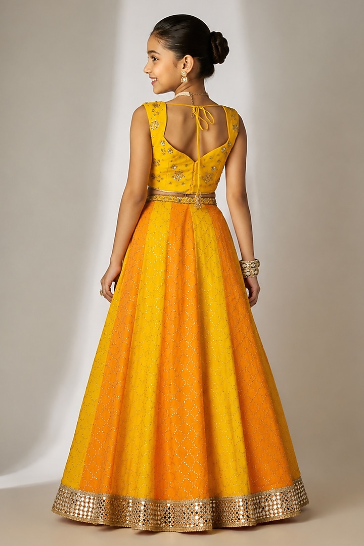 Yellow & Orange Viscose Organza Sequin Embellished Lehenga Set For Girls by Essay by Sumedha Agarwal Kids at Pernia's Pop Up Shop