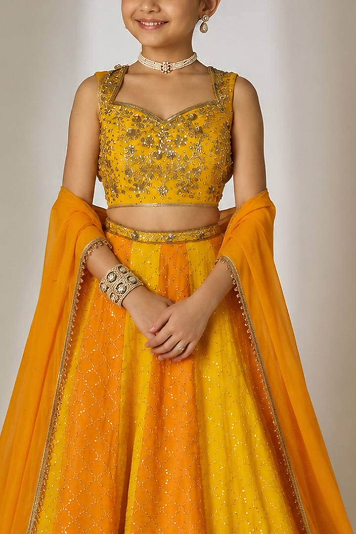 Yellow & Orange Viscose Organza Sequin Embellished Lehenga Set For Girls by Essay by Sumedha Agarwal Kids at Pernia's Pop Up Shop