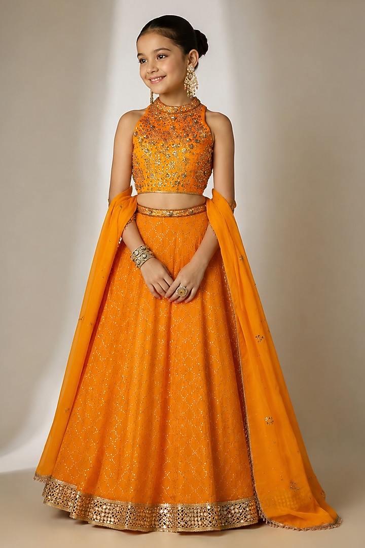 Orange Viscose Organza Sequin Embellished Lehenga Set For Girls by Essay by Sumedha Agarwal Kids at Pernia's Pop Up Shop