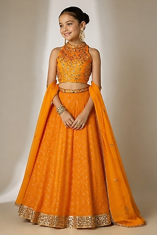 Orange Viscose Organza Sequin Embellished Lehenga Set For Girls by Essay by Sumedha Agarwal Kids