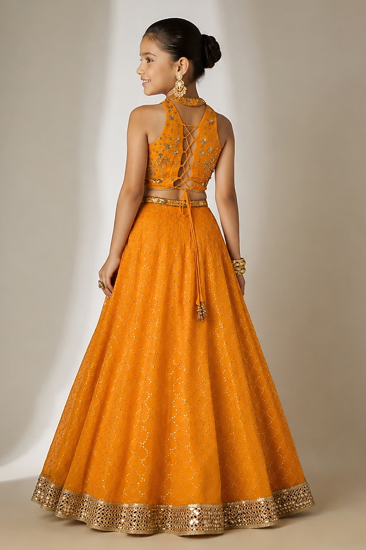 Orange Viscose Organza Sequin Embellished Lehenga Set For Girls by Essay by Sumedha Agarwal Kids at Pernia's Pop Up Shop