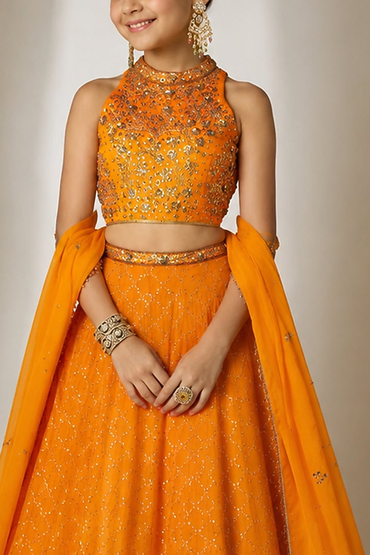 Orange Viscose Organza Sequin Embellished Lehenga Set For Girls by Essay by Sumedha Agarwal Kids at Pernia's Pop Up Shop