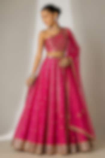 Pink Silk Chanderi Hand Embroidered Kalidar Lehenga Set For Girls by Essay by Sumedha Agarwal Kids at Pernia's Pop Up Shop