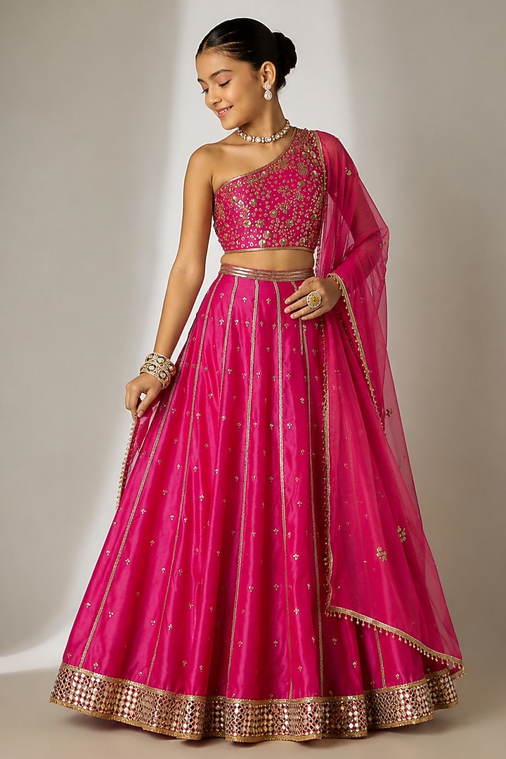 Pink Silk Chanderi Hand Embroidered Kalidar Lehenga Set For Girls by Essay by Sumedha Agarwal Kids at Pernia's Pop Up Shop