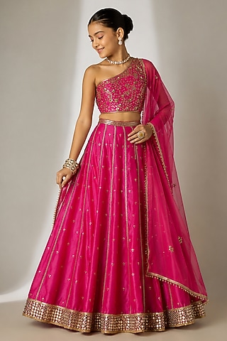 Pink Silk Chanderi Hand Embroidered Kalidar Lehenga Set For Girls by Essay by Sumedha Agarwal Kids