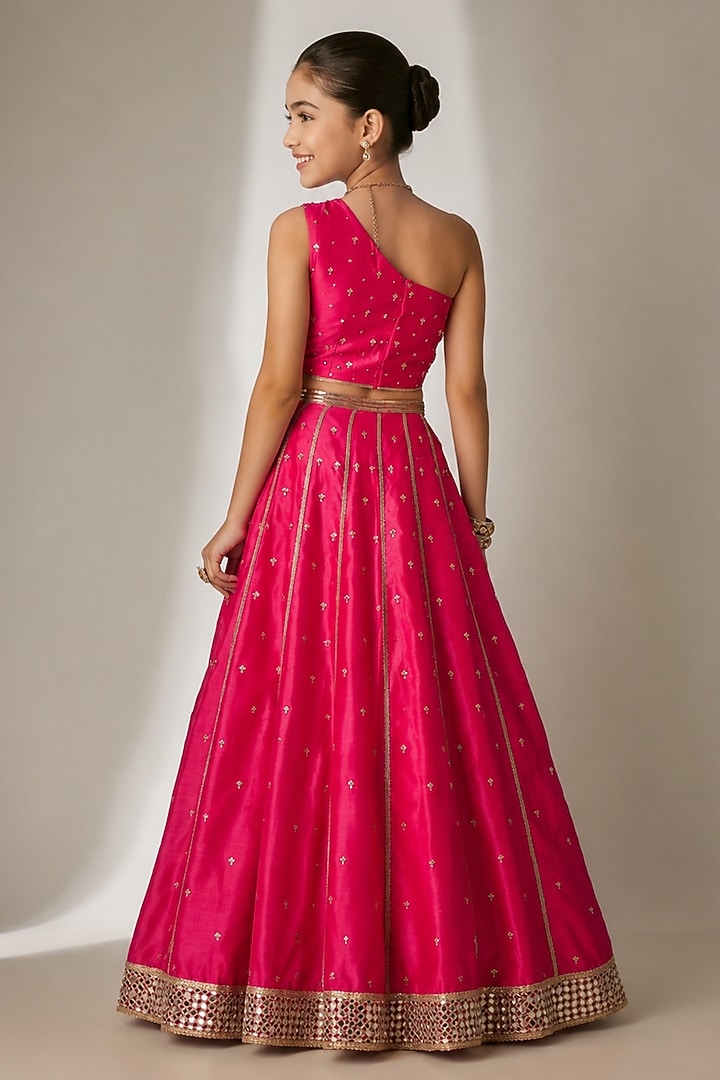 Pink Silk Chanderi Hand Embroidered Kalidar Lehenga Set For Girls by Essay by Sumedha Agarwal Kids at Pernia's Pop Up Shop