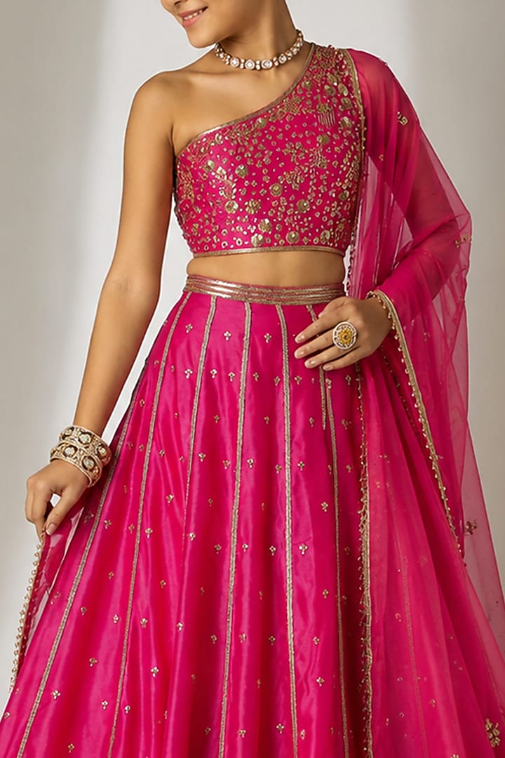 Pink Silk Chanderi Hand Embroidered Kalidar Lehenga Set For Girls by Essay by Sumedha Agarwal Kids at Pernia's Pop Up Shop