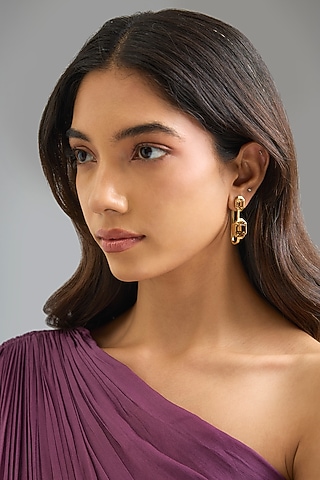 Gold Plated Smoked Topaz Stone Dangler Earrings by ESS&NOI