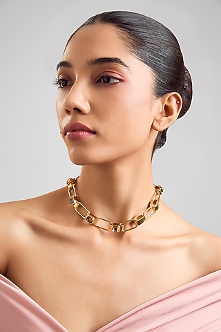 Gold Plated Smoked Topaz Swarovski Stone Choker Necklace by ESS&NOI
